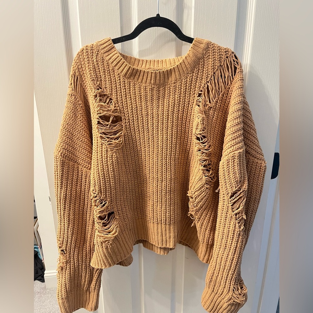 POL Distressed Camel Tan Fall Soft Sweater
